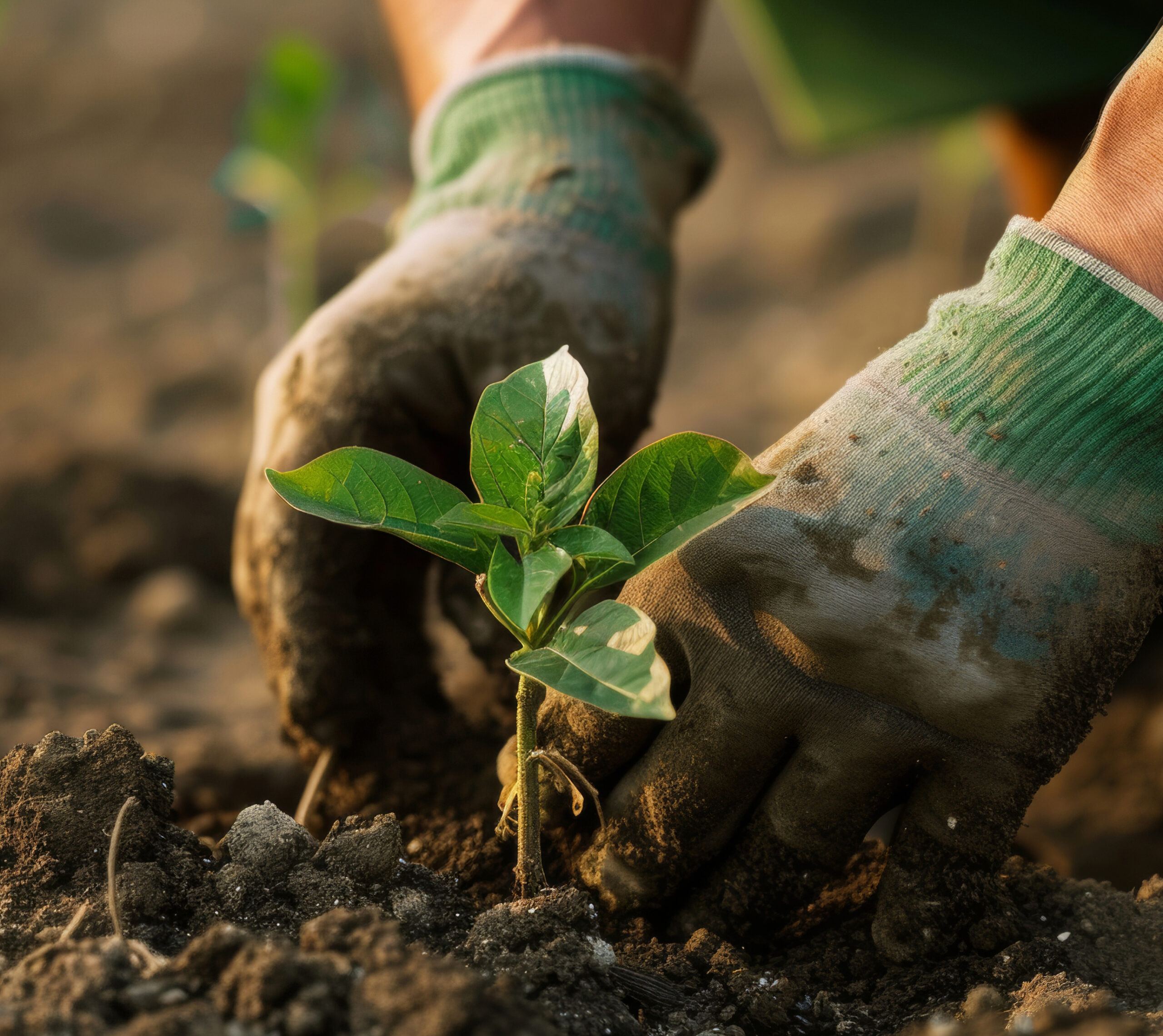 Hands nurturing a young plant in fertile soil, symbolizing growth and environmental care at the golden hour