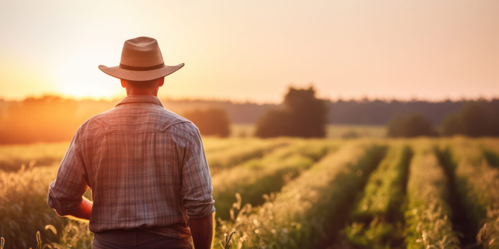 Sunset Harvest: A Serene Farmer, Standing in a Wheat Field at Dusk, Gazing at the Bountiful Crop against a Picturesque Countryside Background